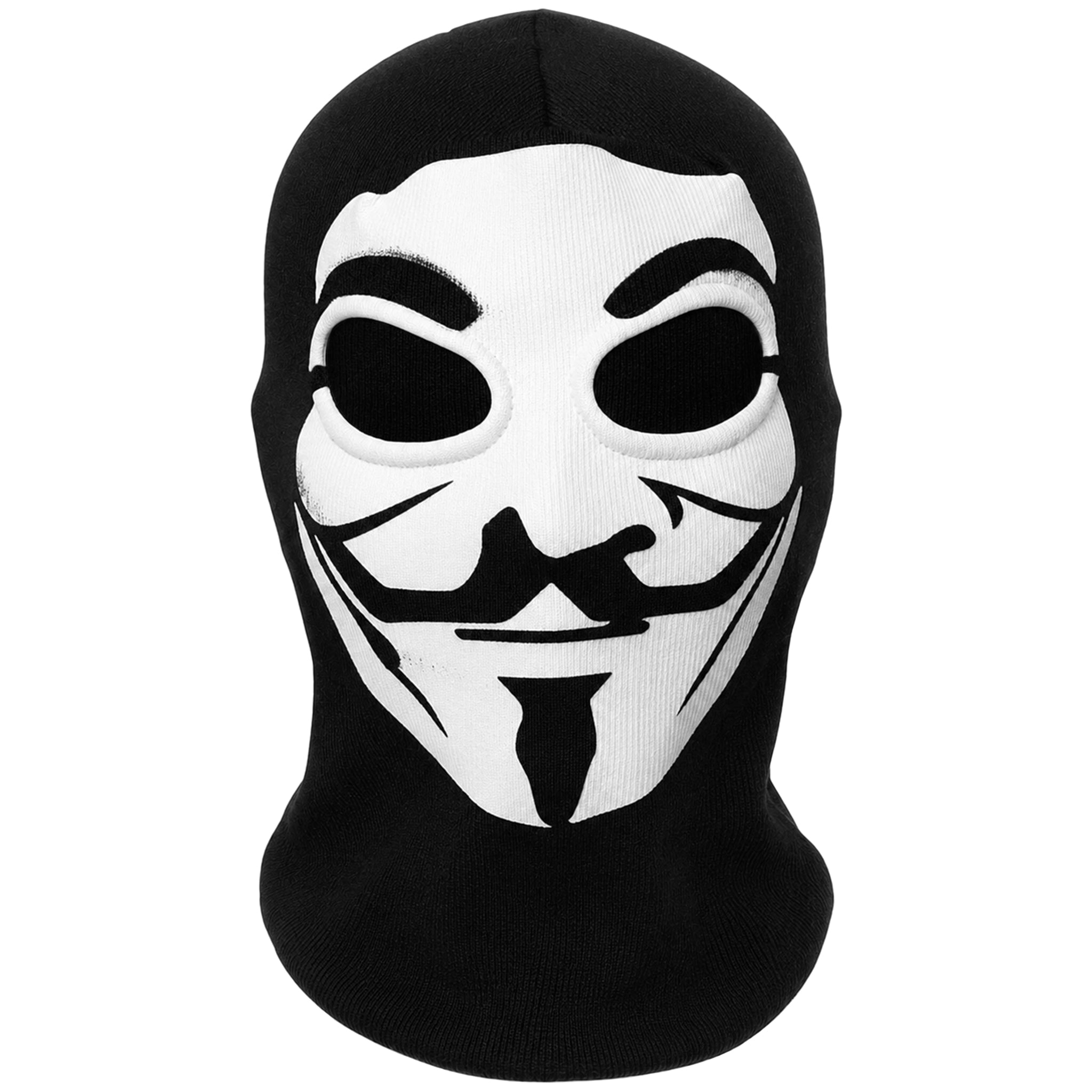 Svart balaclava med vit Guy Fawkes mask (V för Vendetta mask) som täcker ansiktet