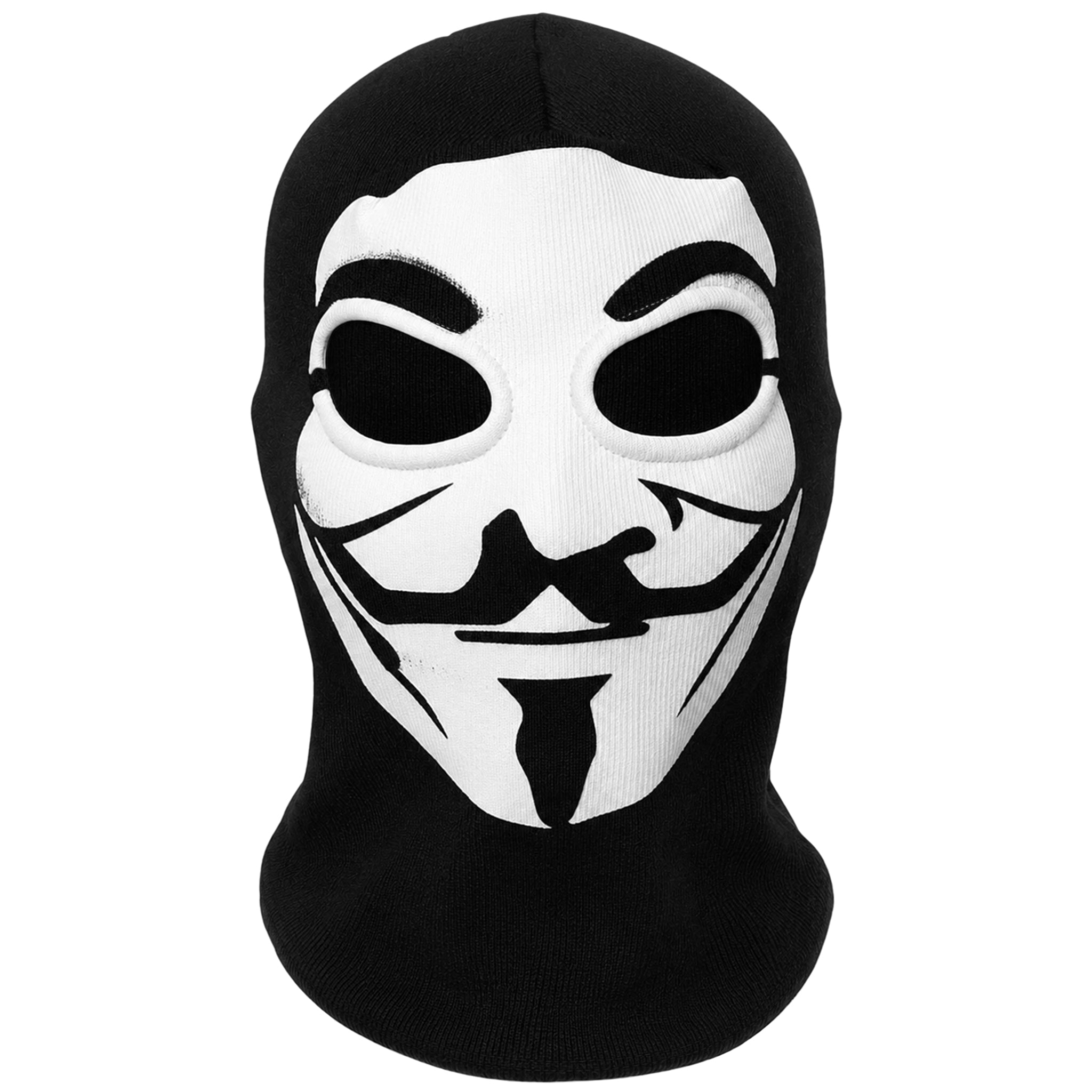 Svart balaclava med vit Guy Fawkes mask (V för Vendetta mask) som täcker ansiktet