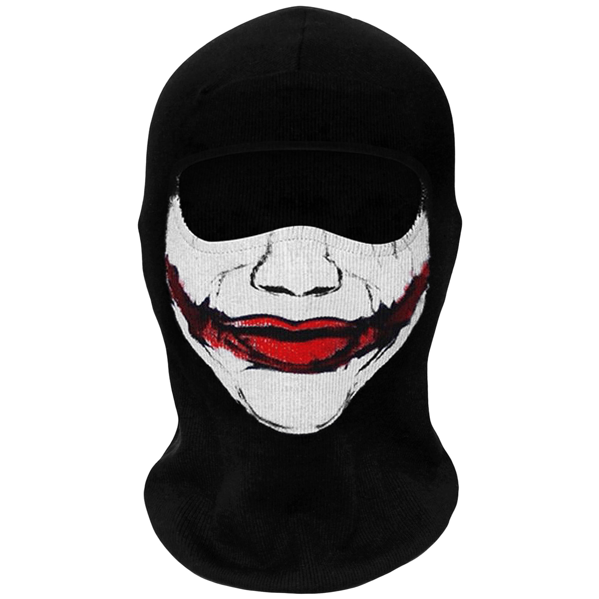 Svart balaklava med Joker-mask, vit ansiktssminkning och rött läppstift målat ut till kinderna