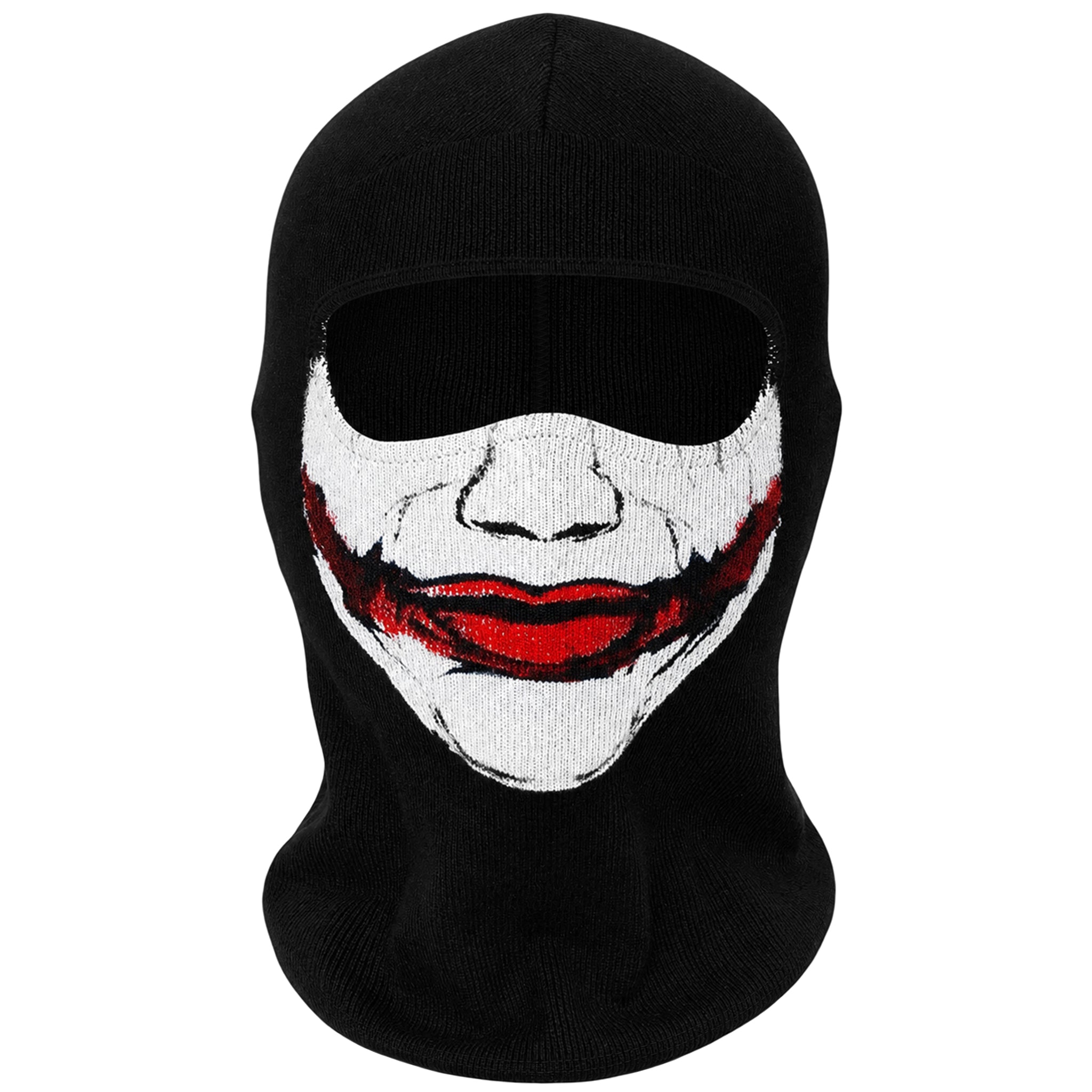 Svart balaklava med Joker-mask, vit ansiktssminkning och rött läppstift målat ut till kinderna