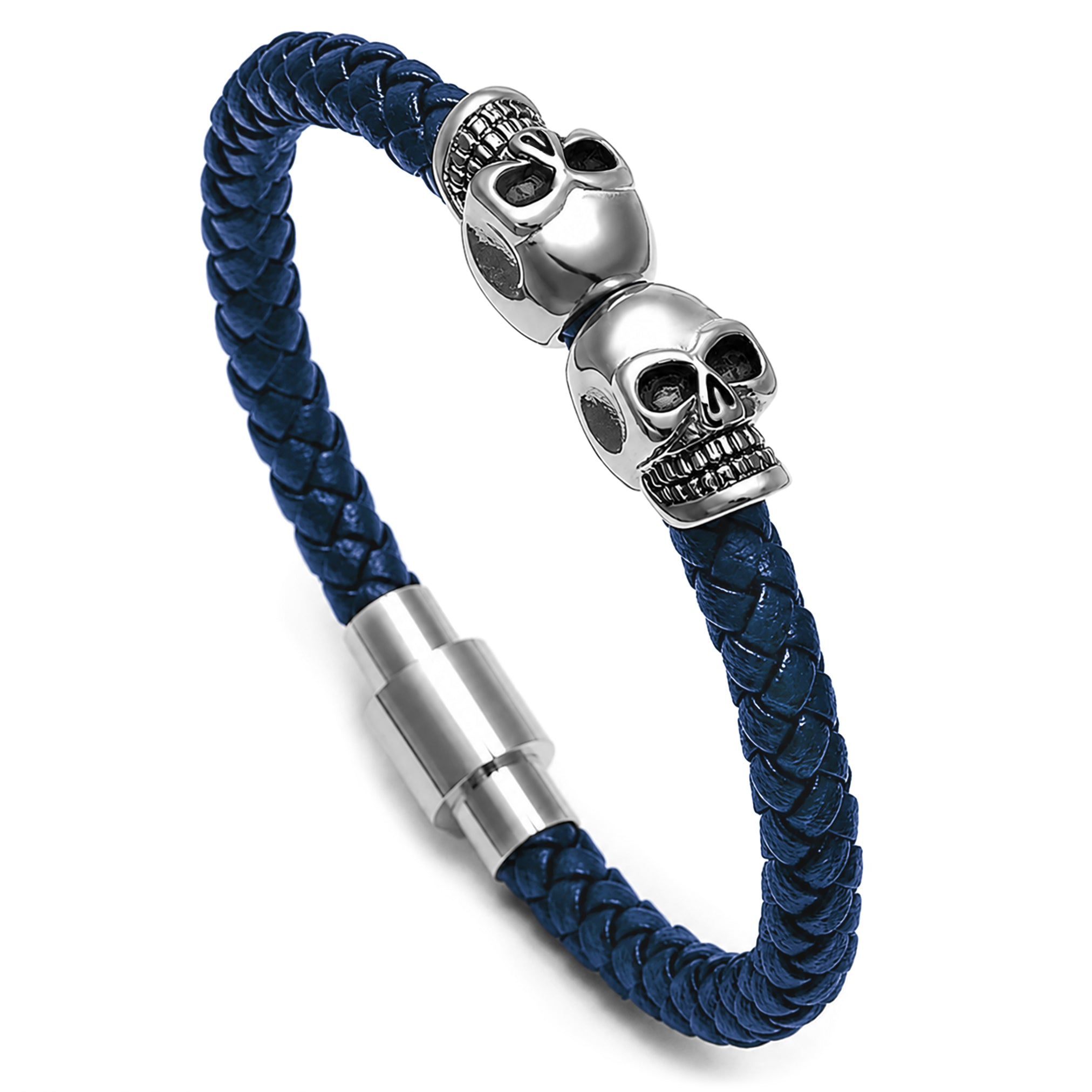 Blått läderarmband av äkta läder med två dödskallar av rostfritt stål