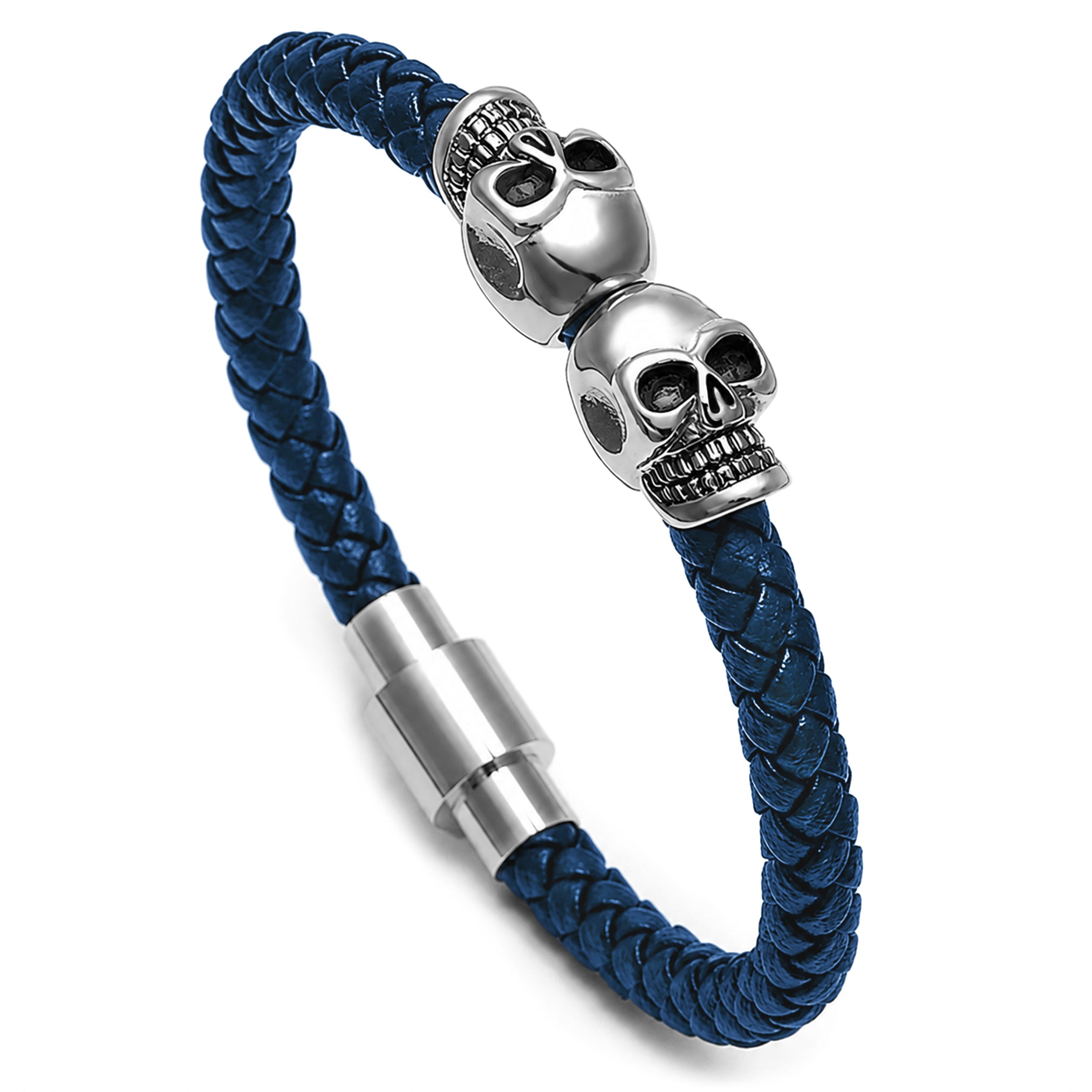 Blått läderarmband av äkta läder med två dödskallar av rostfritt stål