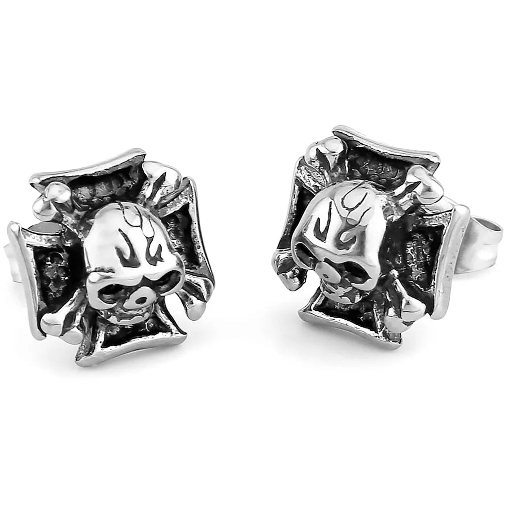 Silverfärgade örhängen formade som järnkors med en dödskalle med korslagda benknotor