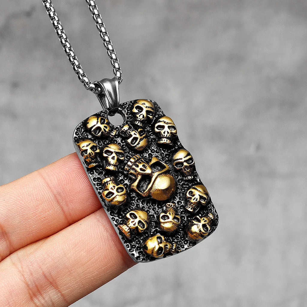 Dog tag smycke med dödskallar i guldstål
