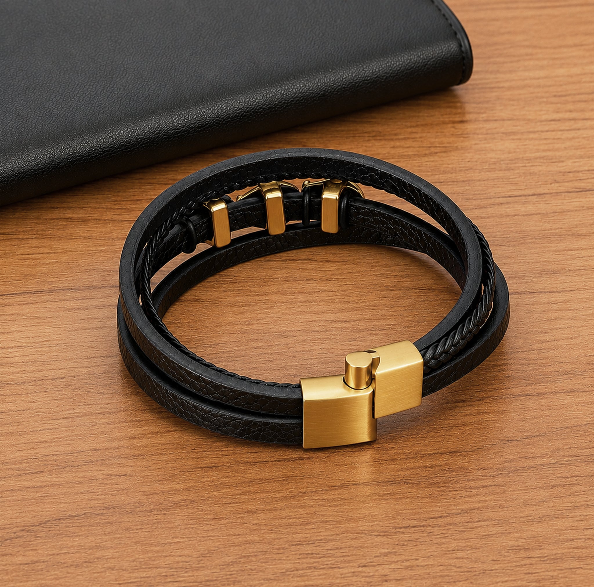 Guldtonat dödskalle-armband med fyra svarta läderremmar av äkta koläder