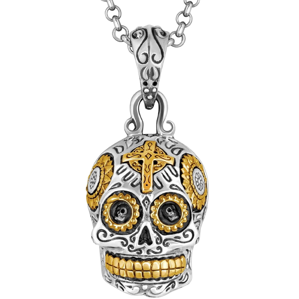 Sterlingsilver halsband föreställande en mexikansk dödskalle med guldfärgade utsmyckningar