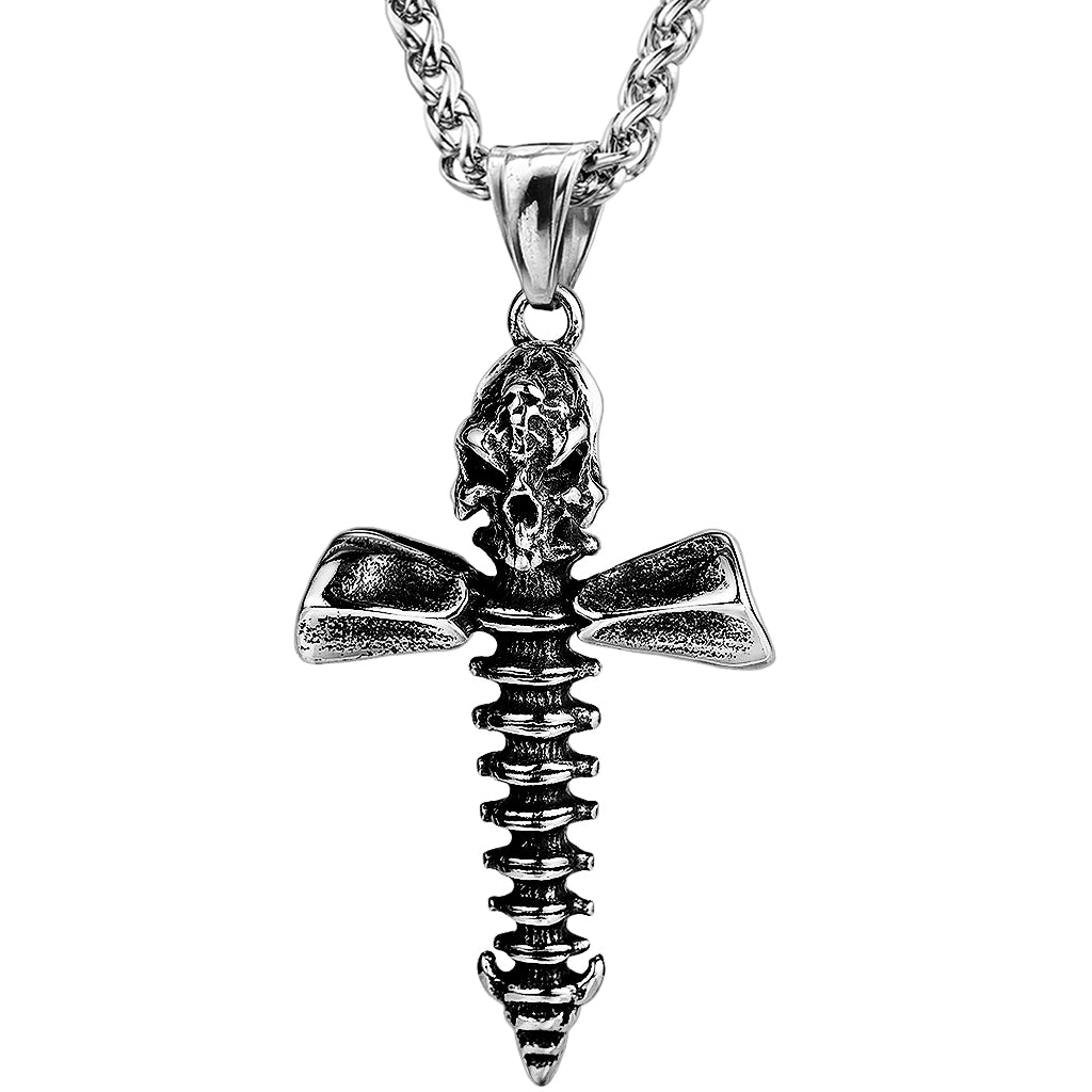 Silverfärgat kors halsband föreställande en ryggrad med en dödskalle högst upp