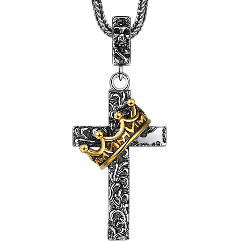 Latinskt kors halsband av sterlingsilver med guldfärgad kungakrona