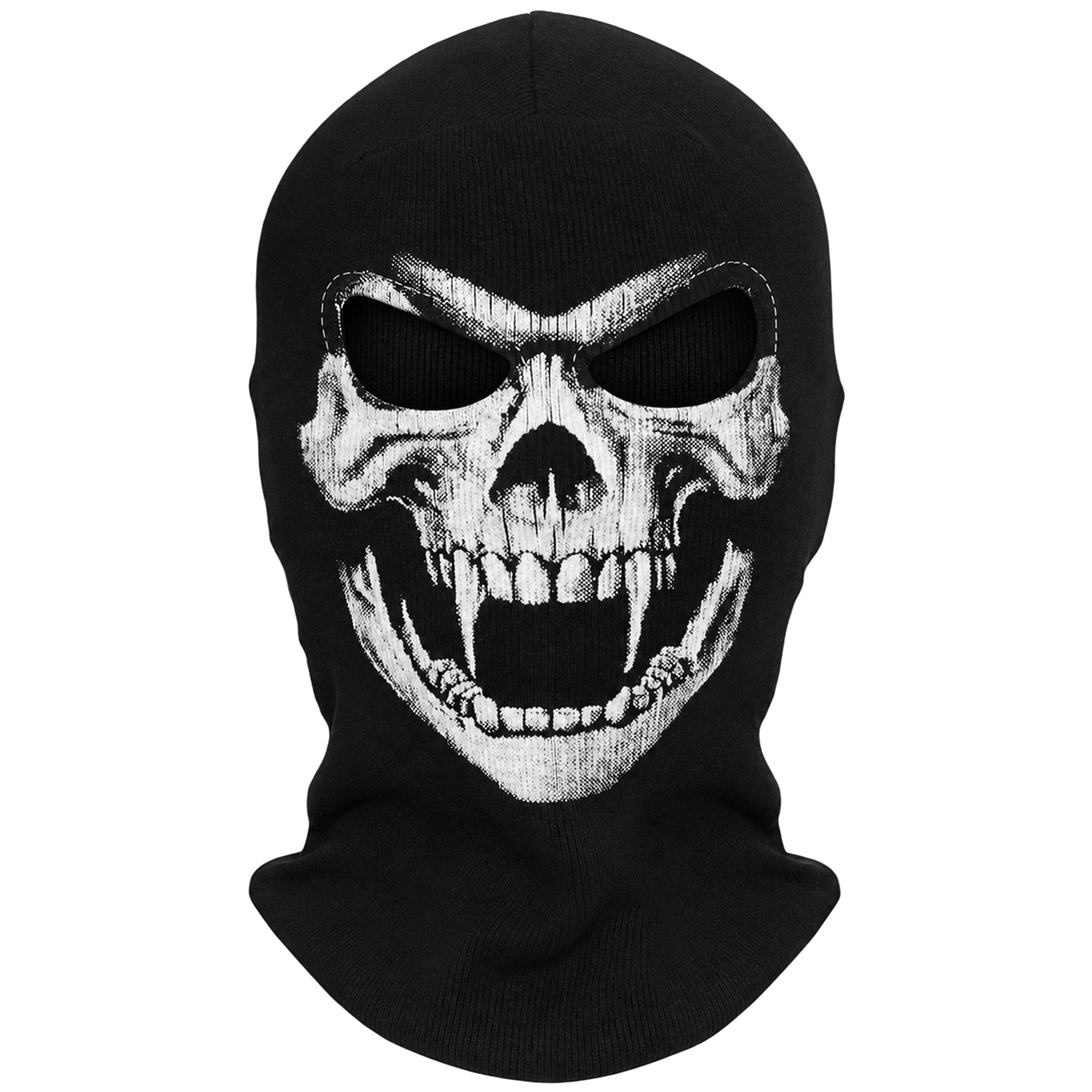 Svart balaclava med tryck föreställande en dödskalle med vampyrtänder