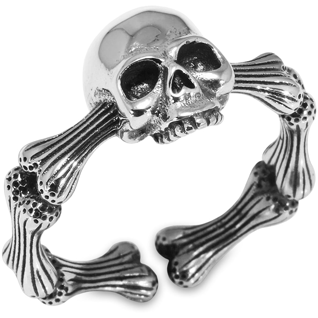 Silverfärgad dödskalle ring i sterling silver 925 med benknotor runtom