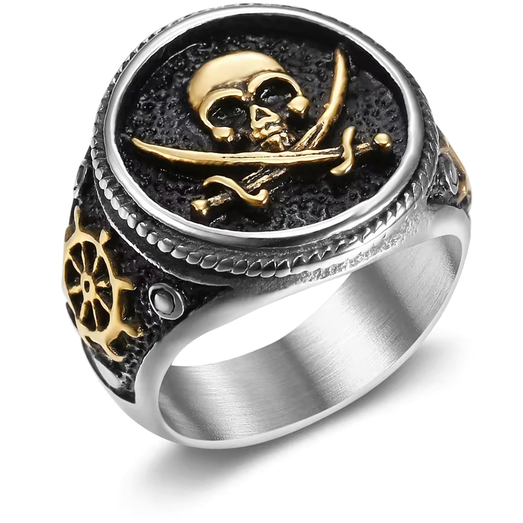 Ring med guldfärgad dödskalle och svärd på klacken