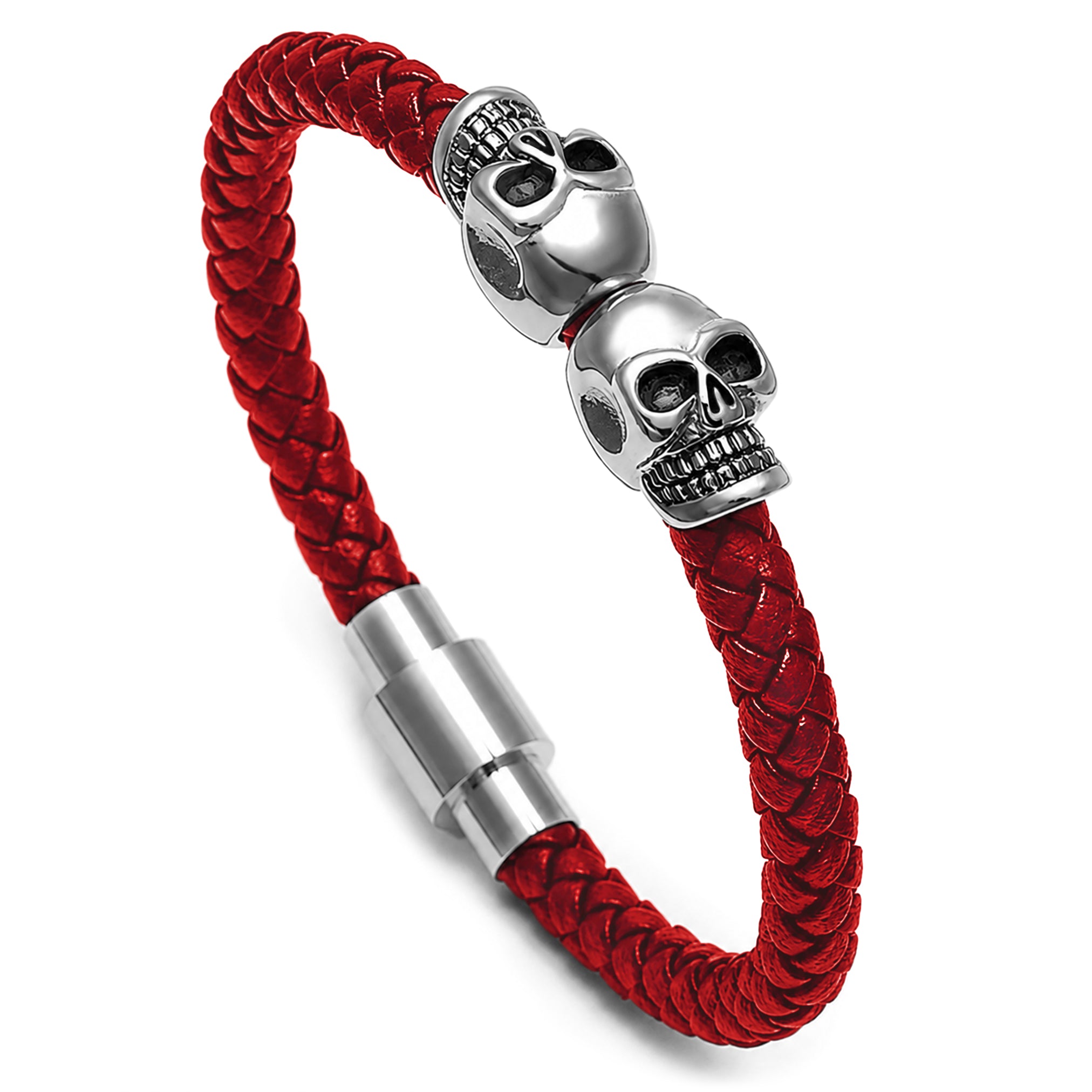 Rött läderarmband av äkta läder med två dödskallar av rostfritt stål