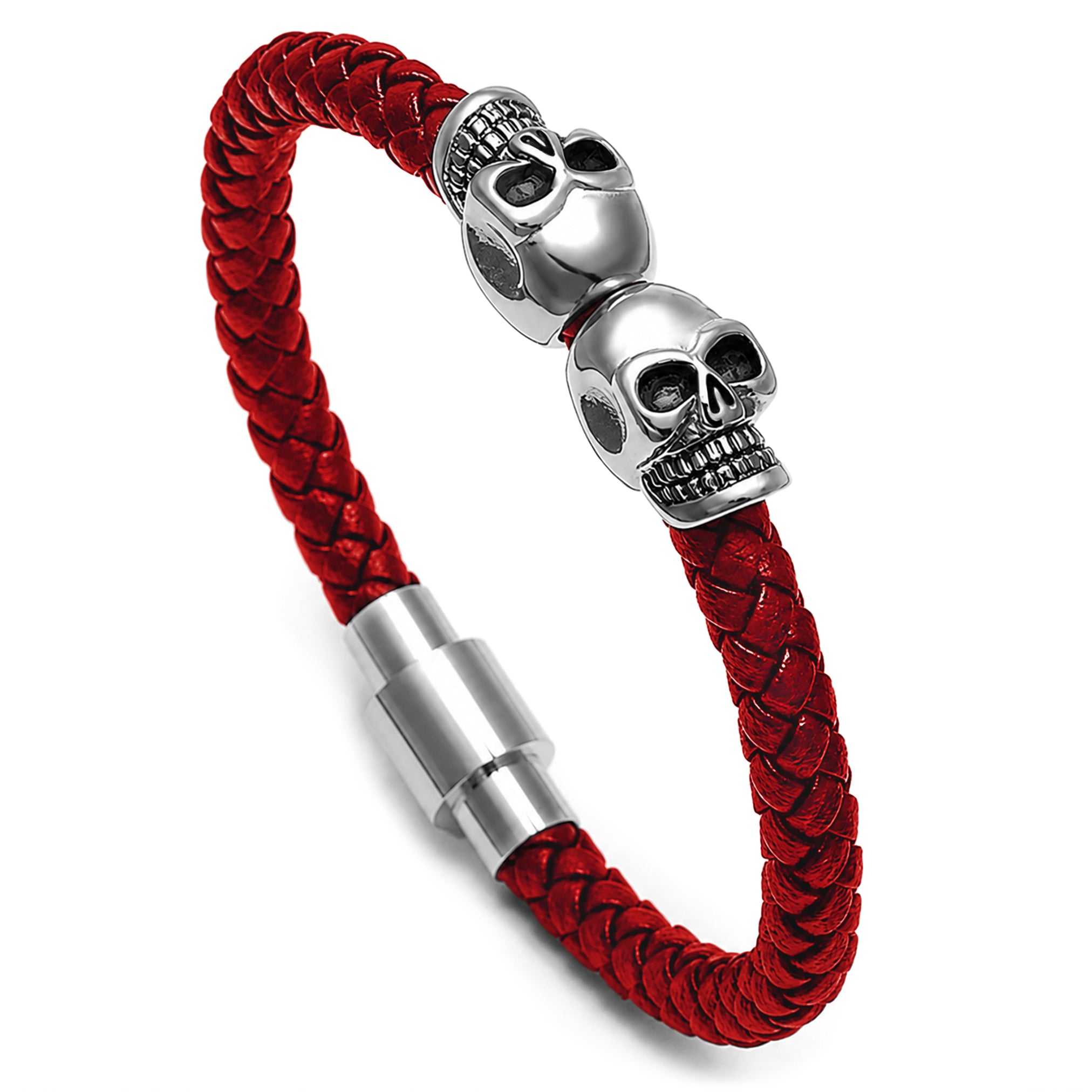 Rött läderarmband av äkta läder med två dödskallar av rostfritt stål