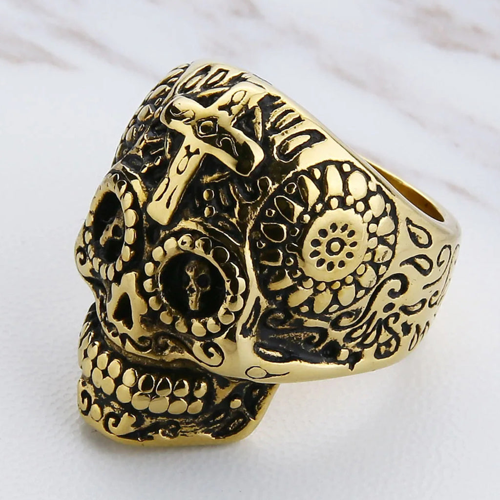 Guldfärgad sugar skull ring i stål