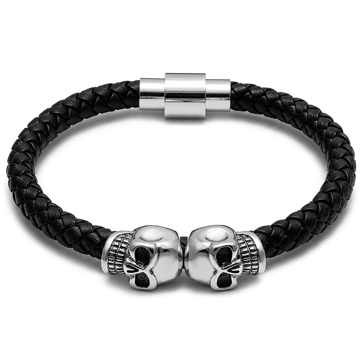 Svart läderarmband med två dödskallar – stilfullt armband med dödskallemotiv för herr