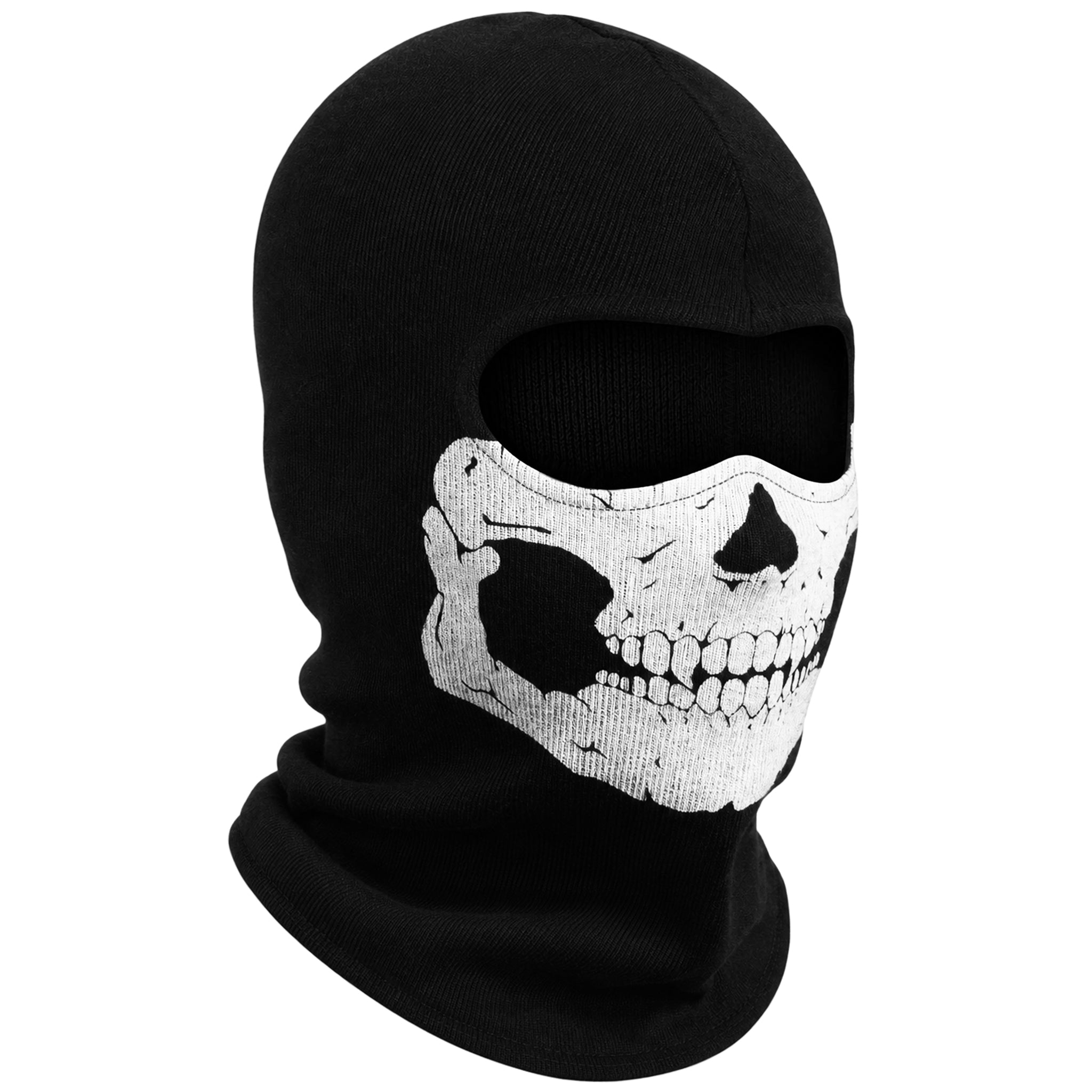 Svart balaklava med halv dödskalle-design som täcker ansikte och hals