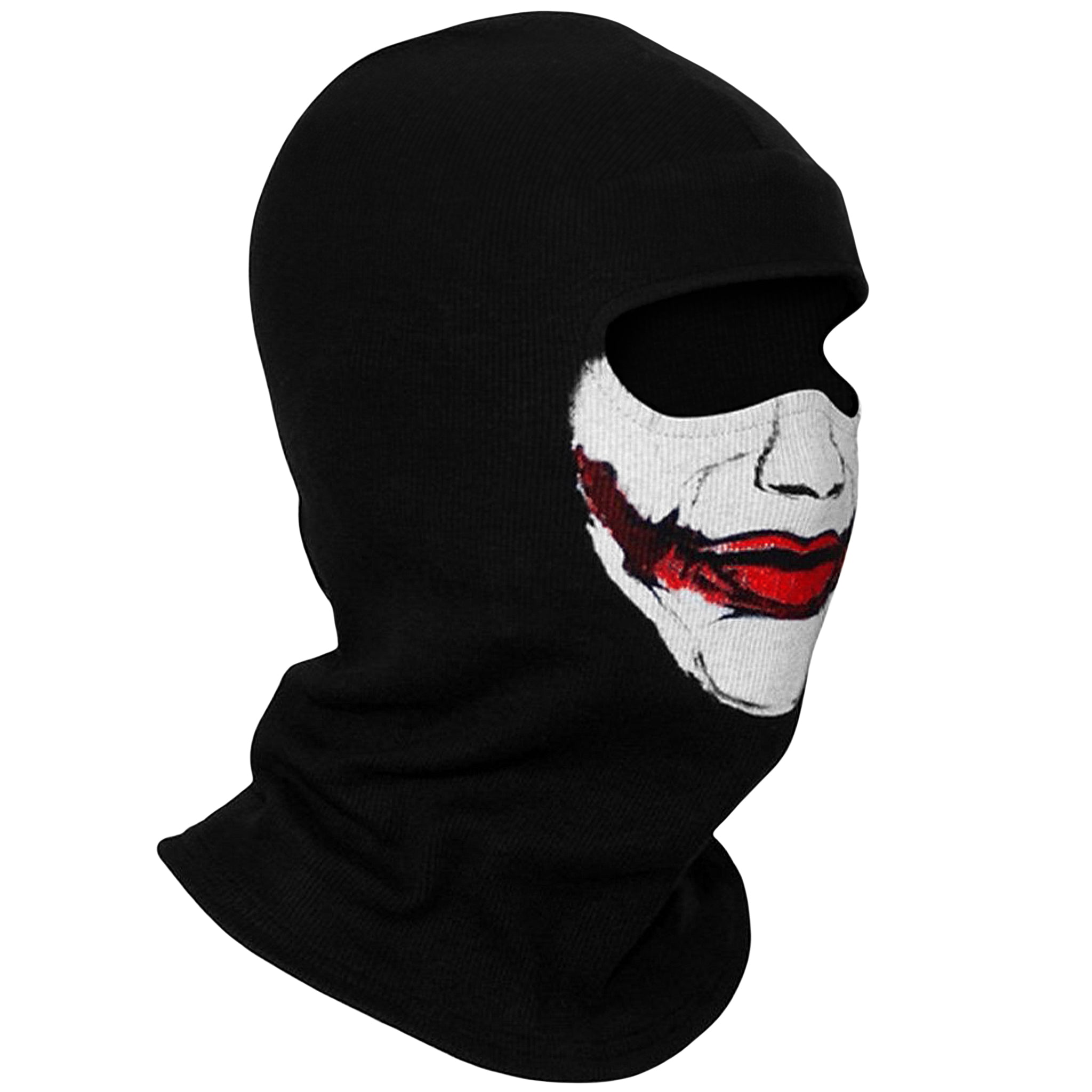 Svart balaklava med Joker-mask från Batman, vit clownsminkning och rött leende målat över kinderna