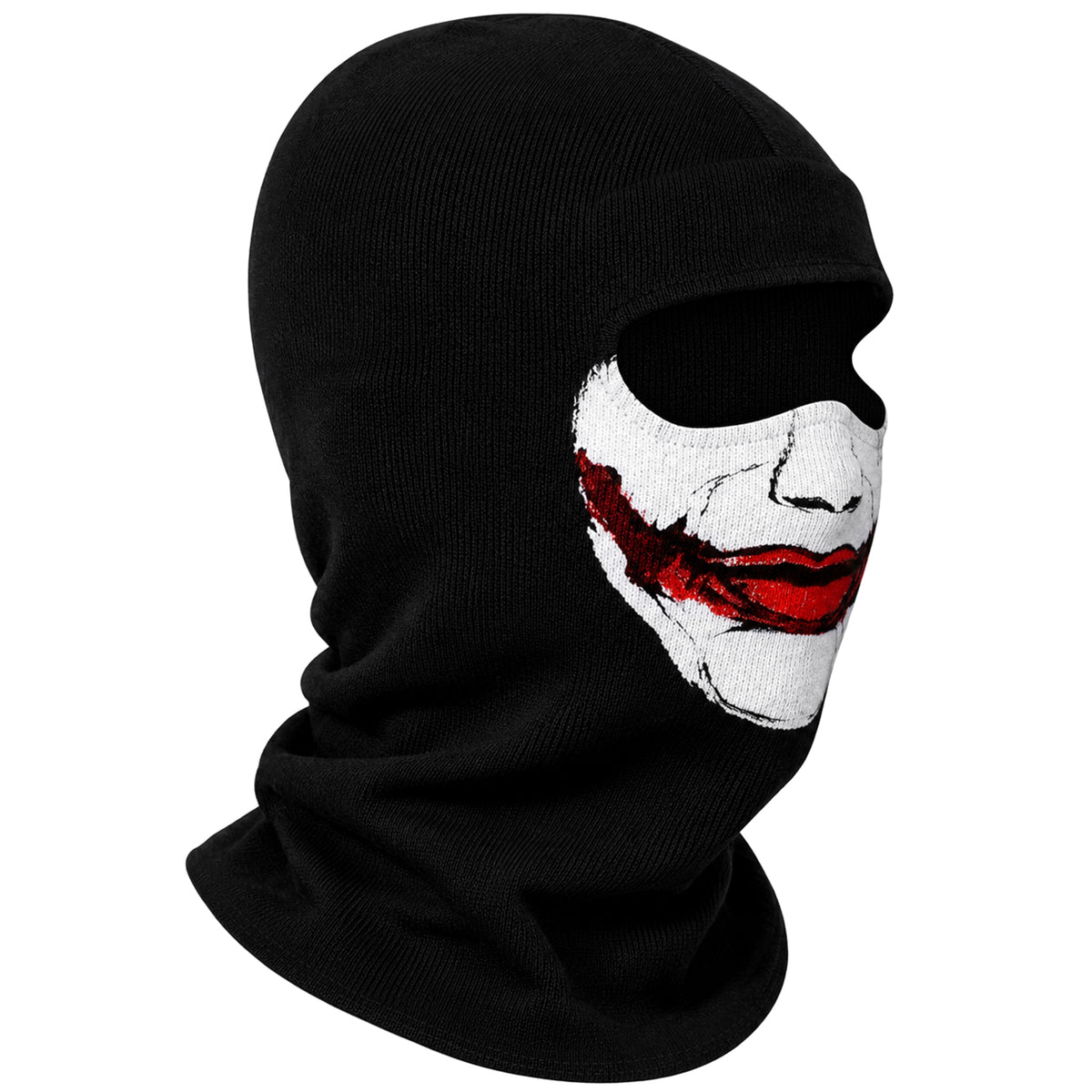 Svart balaklava med Joker-mask från Batman, vit clownsminkning och rött leende målat över kinderna
