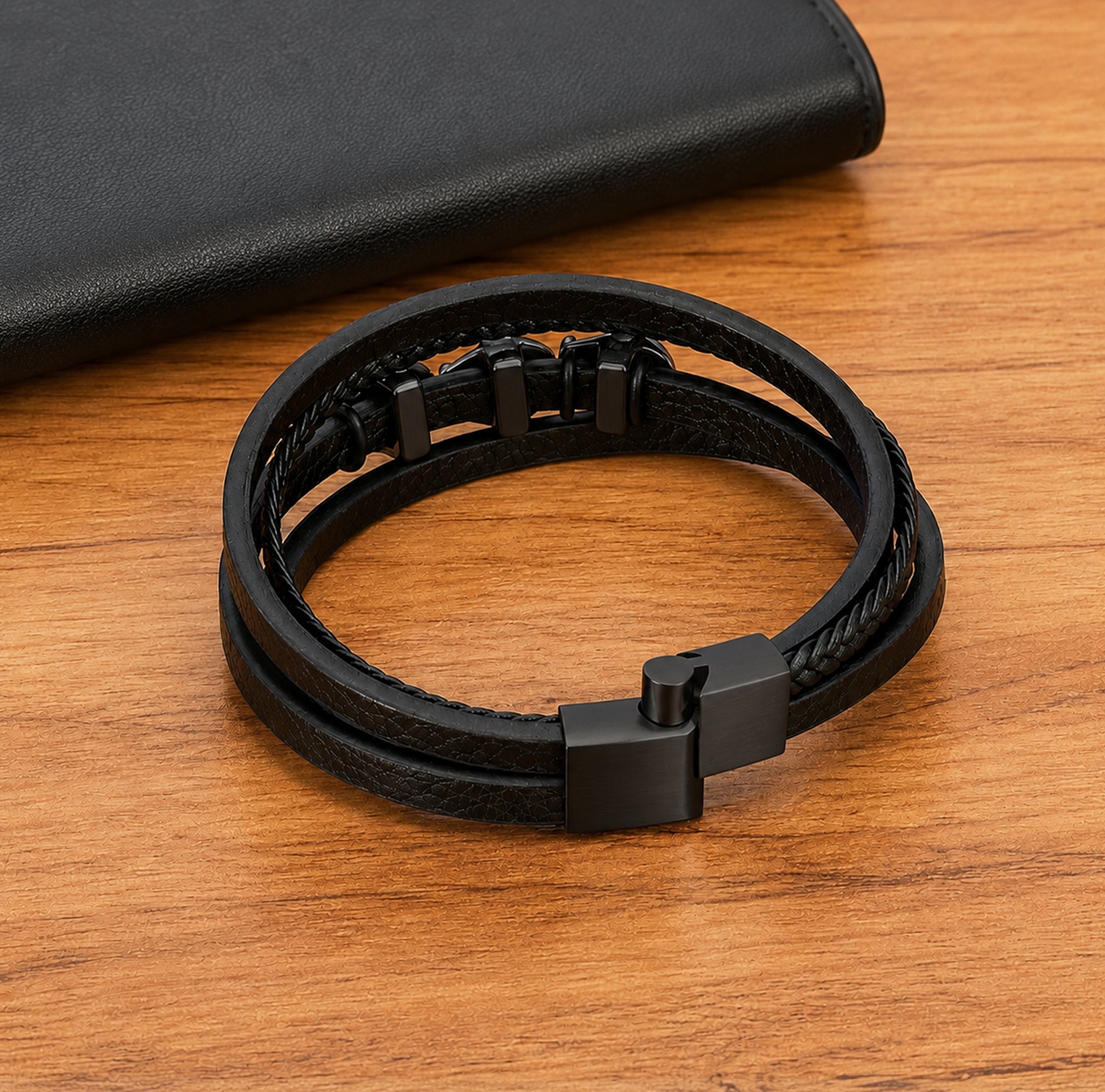 Helsvart dödskalle-armband med fyra remmar och tre dödskallar framtill
