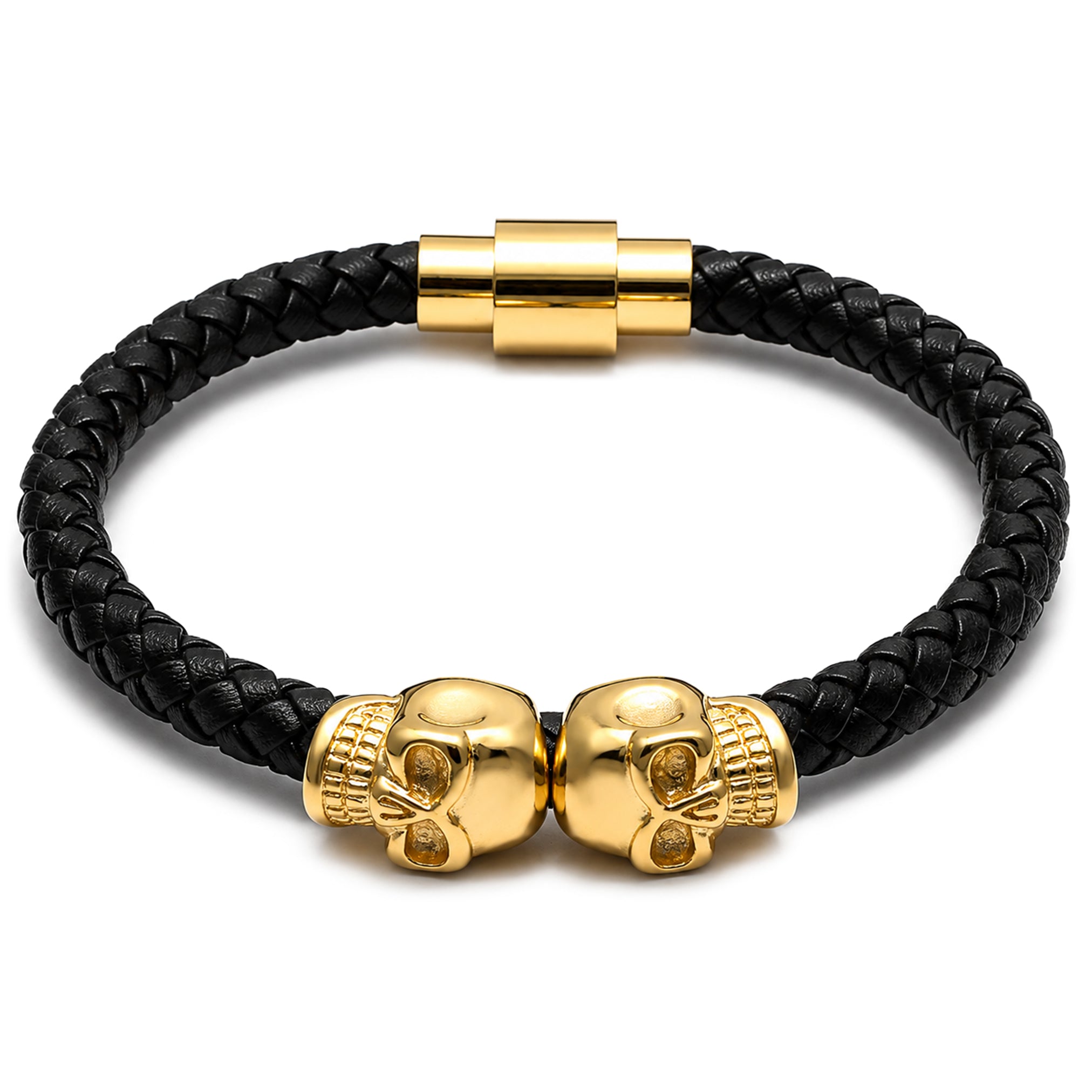 Svart flätat armband med dödskallar i guld