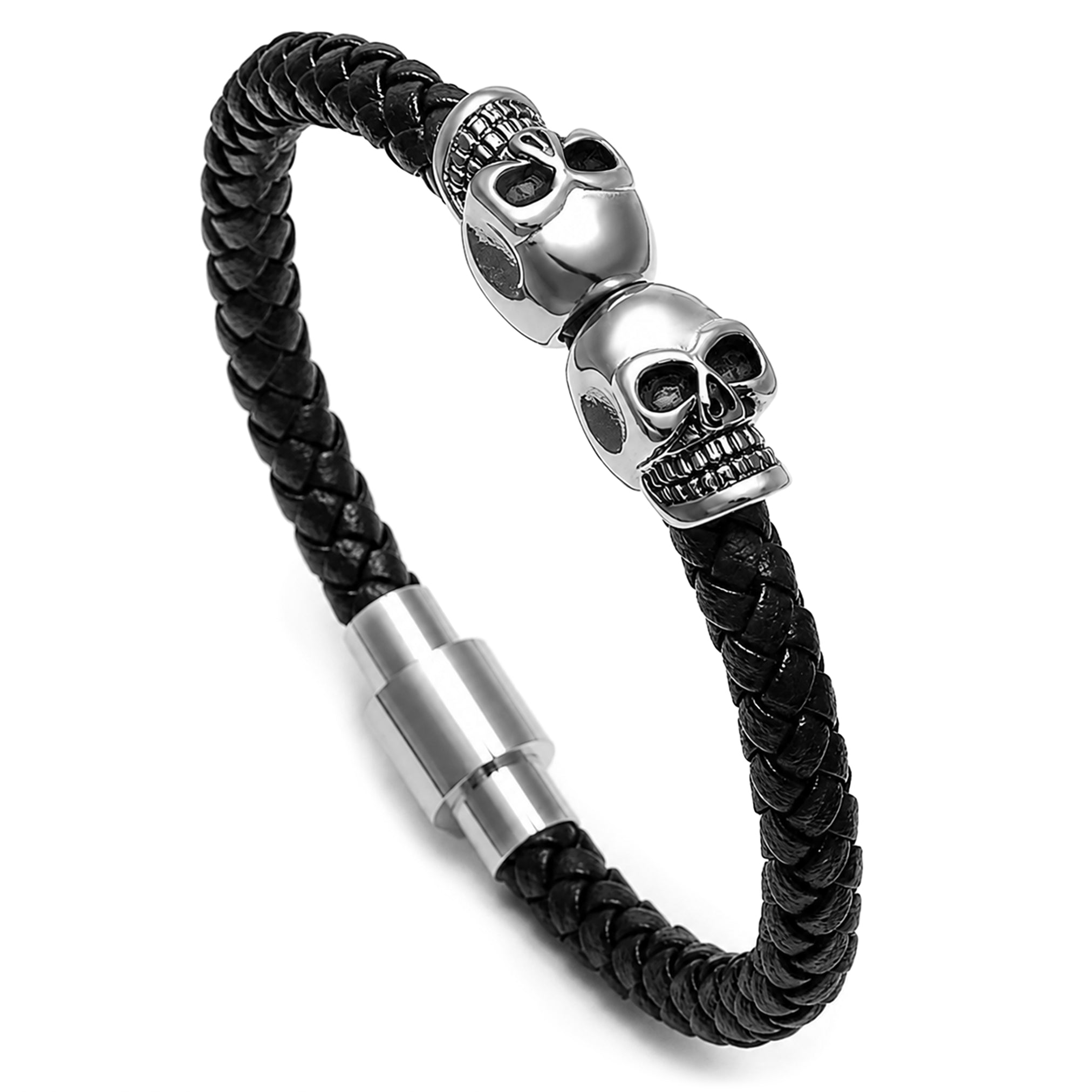 Svart läderarmband med två dödskallar av rostfritt stål – stilfullt och maskulint armband för herr