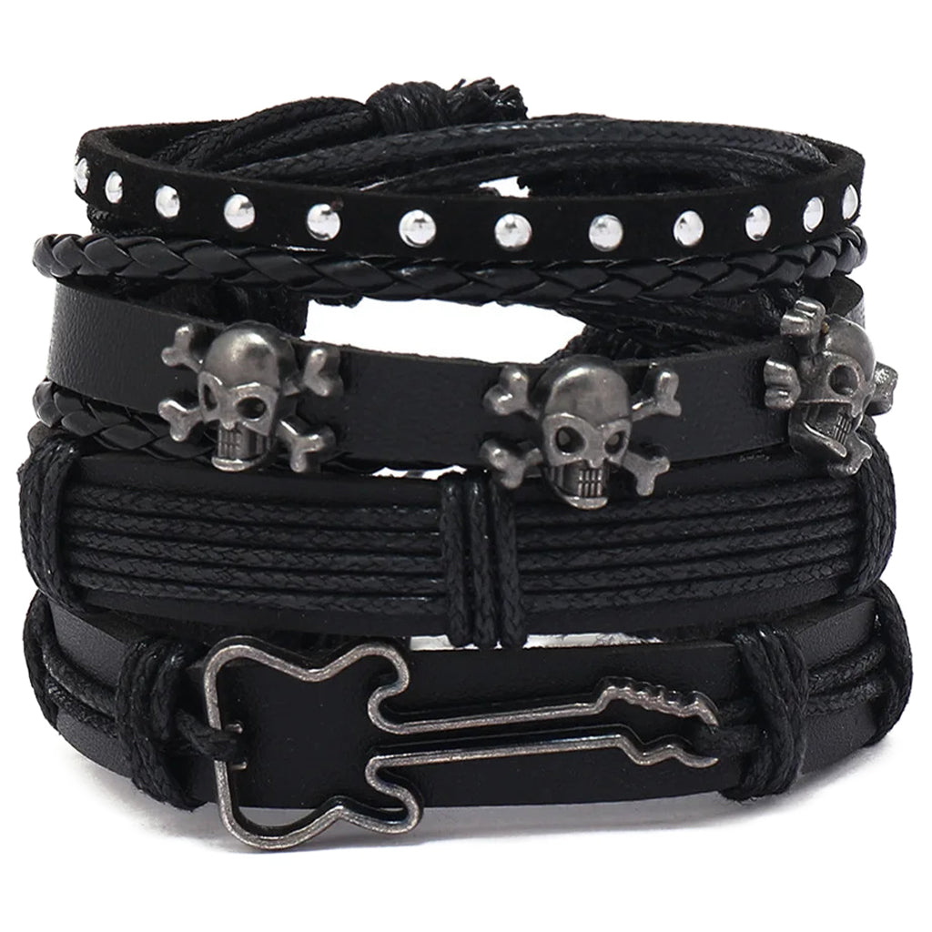 Svart Läderarmband Elgitarr Dödskalle