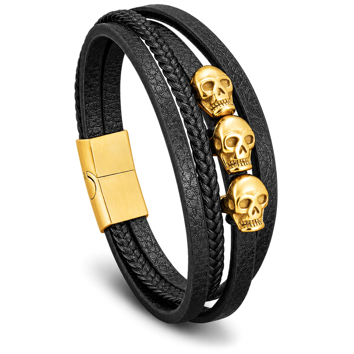 Svart läderarmband med tre dödskallar i guld – flerremsdesign med släta och flätade remmar