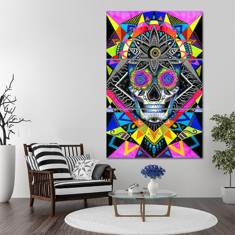 3-Delad Färgrik Dödskalle Tavla