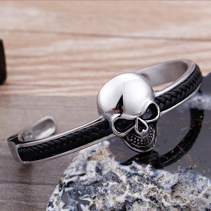 Dödskalle Armband Läder Och Stål