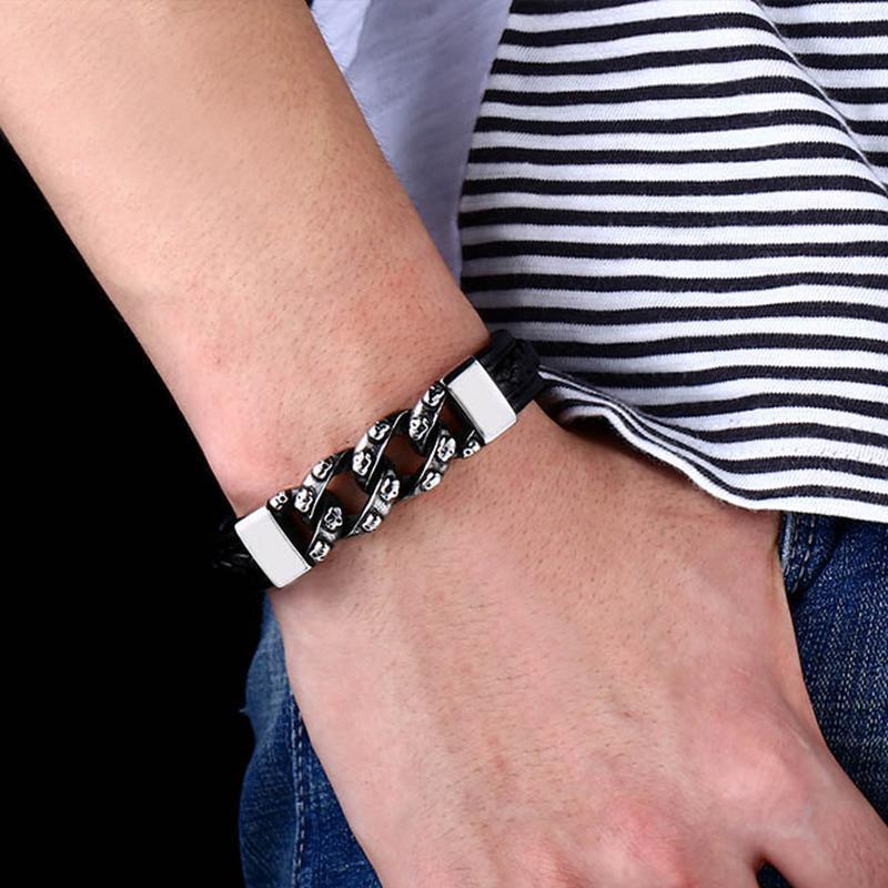 Dödskalle Armband Herr Skull Chain (Läder)