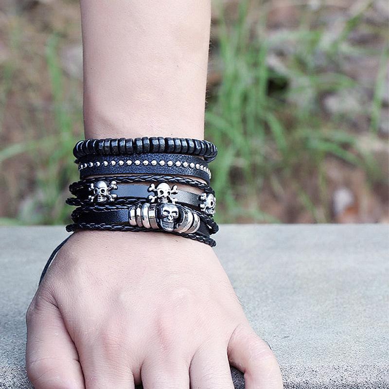 Dödskalle Armband Pirate Stack (Läder)