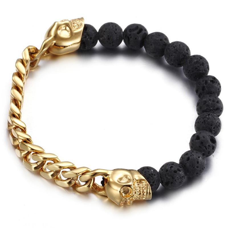 Dödskalle Armband Guldstål Svarta Lavastenar