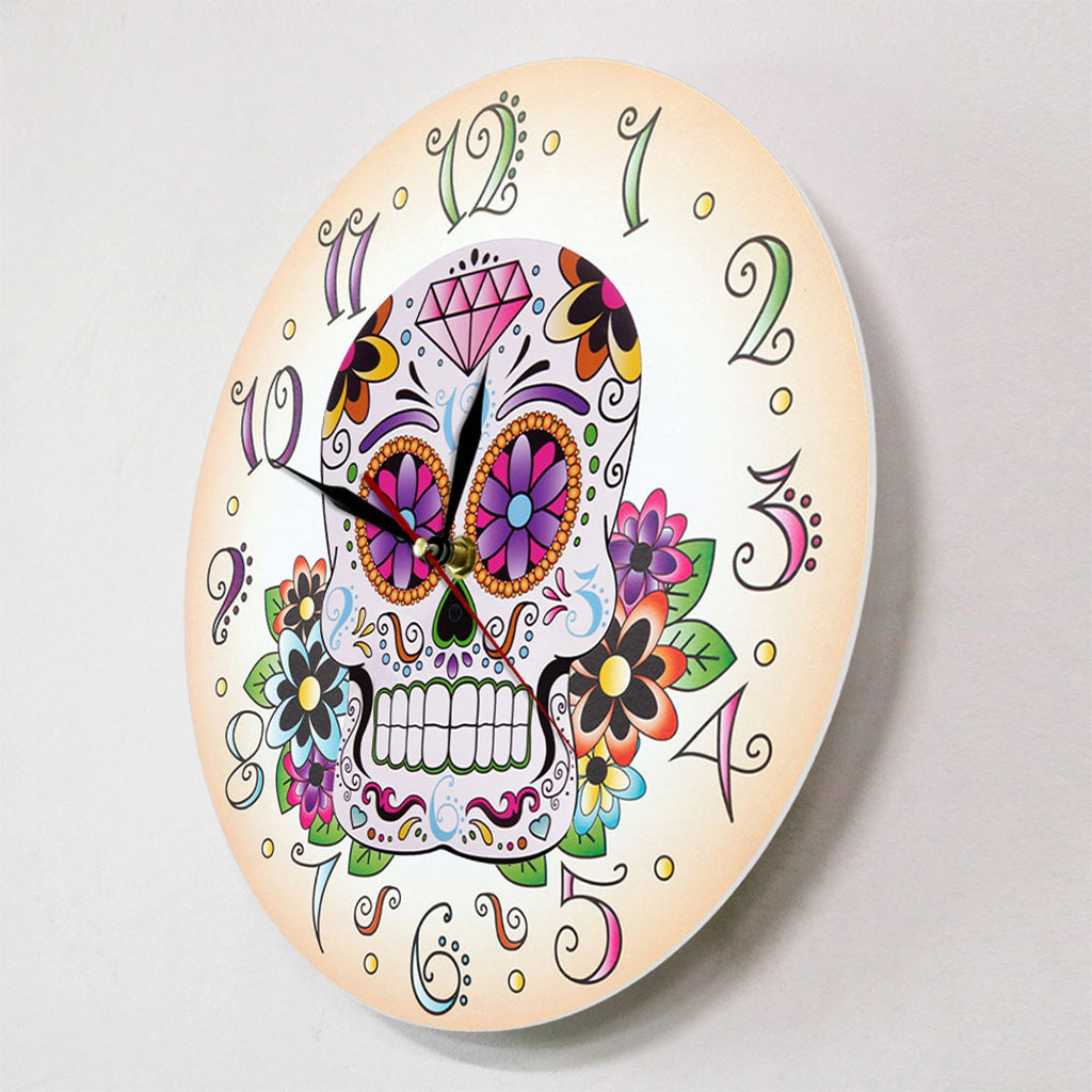 Väggklocka Sugar Skull Med Blommor