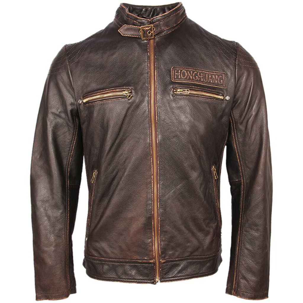 Brun Biker Läderjacka Med Ryggmärke