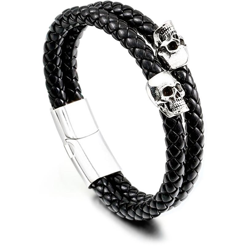 Dubbelt Flätat Dödskalle Läderarmband