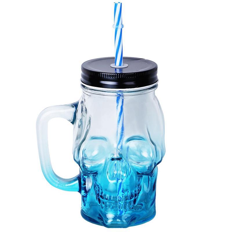 Blå Dödskalle Glasburk Med Sugrör