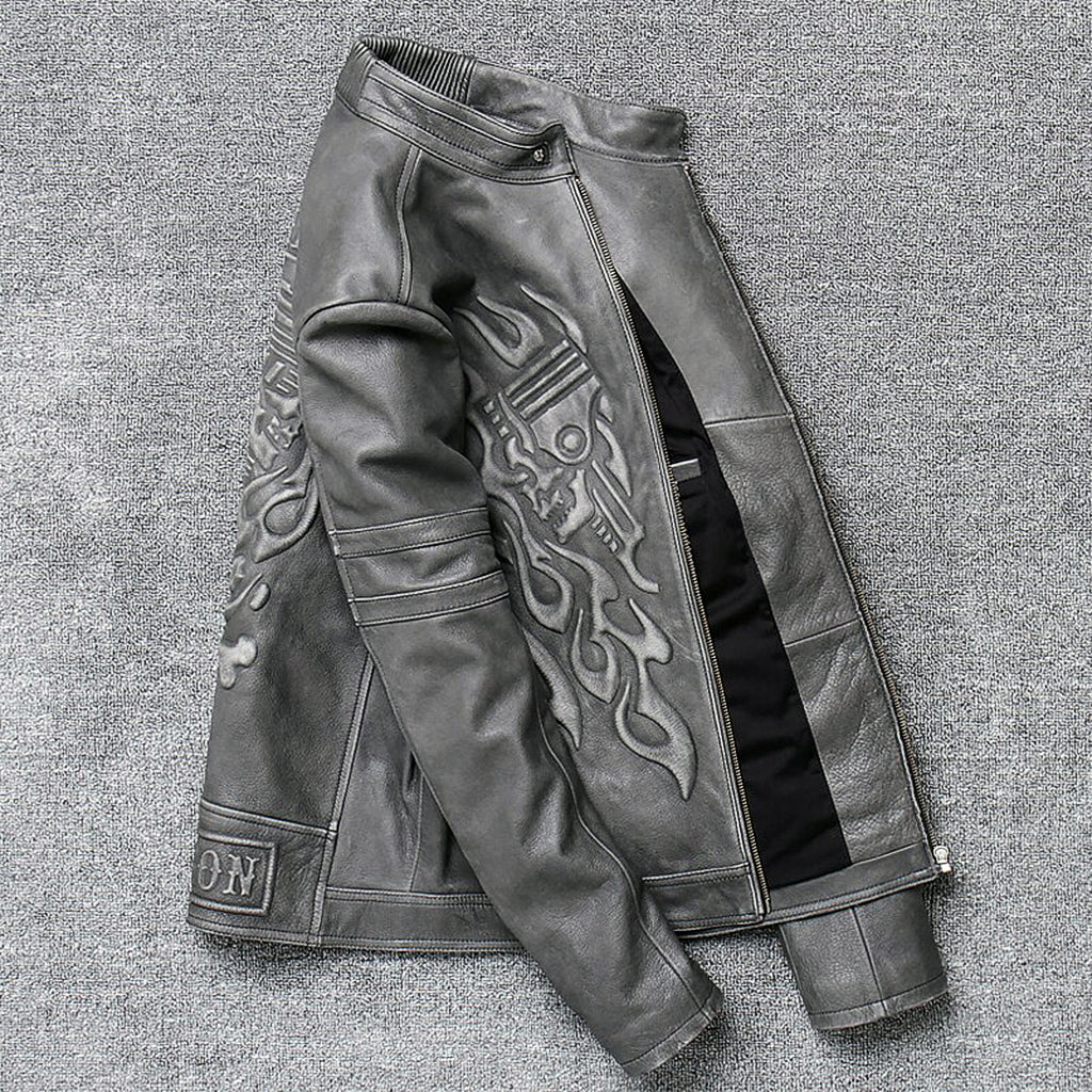 Grå MC Läderjacka Med Dödskalle