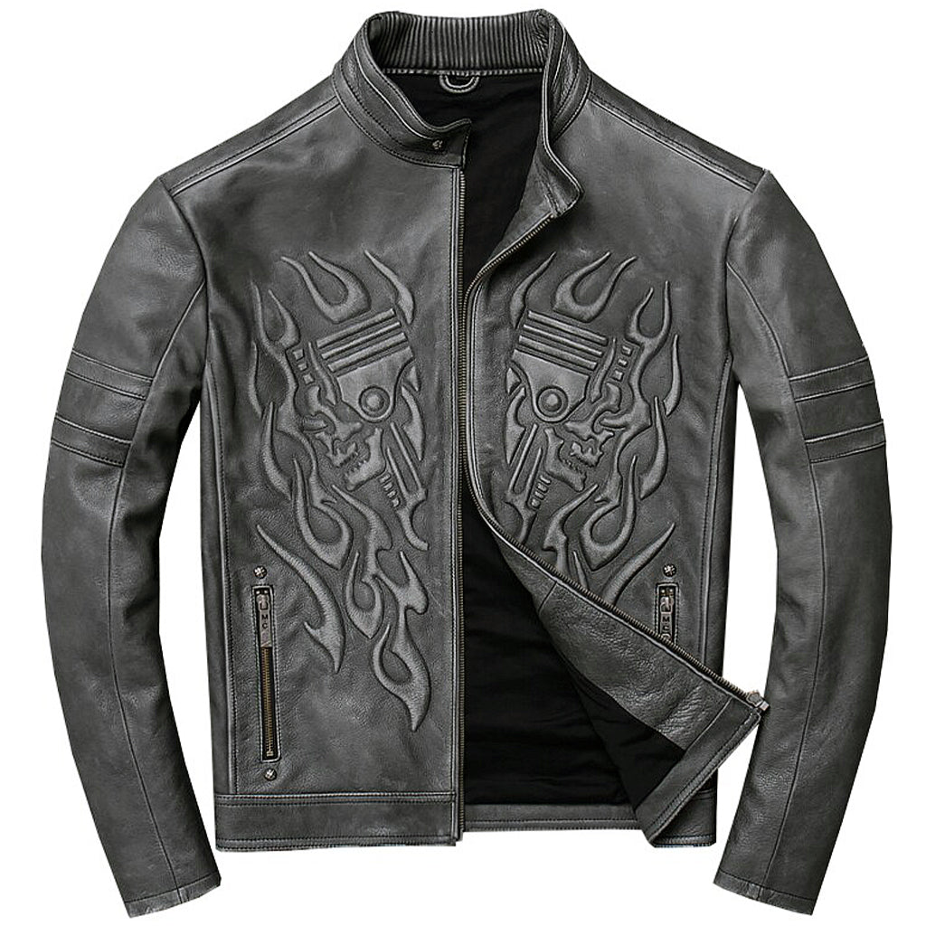 Grå Biker Skinnjacka Med Dödskalle