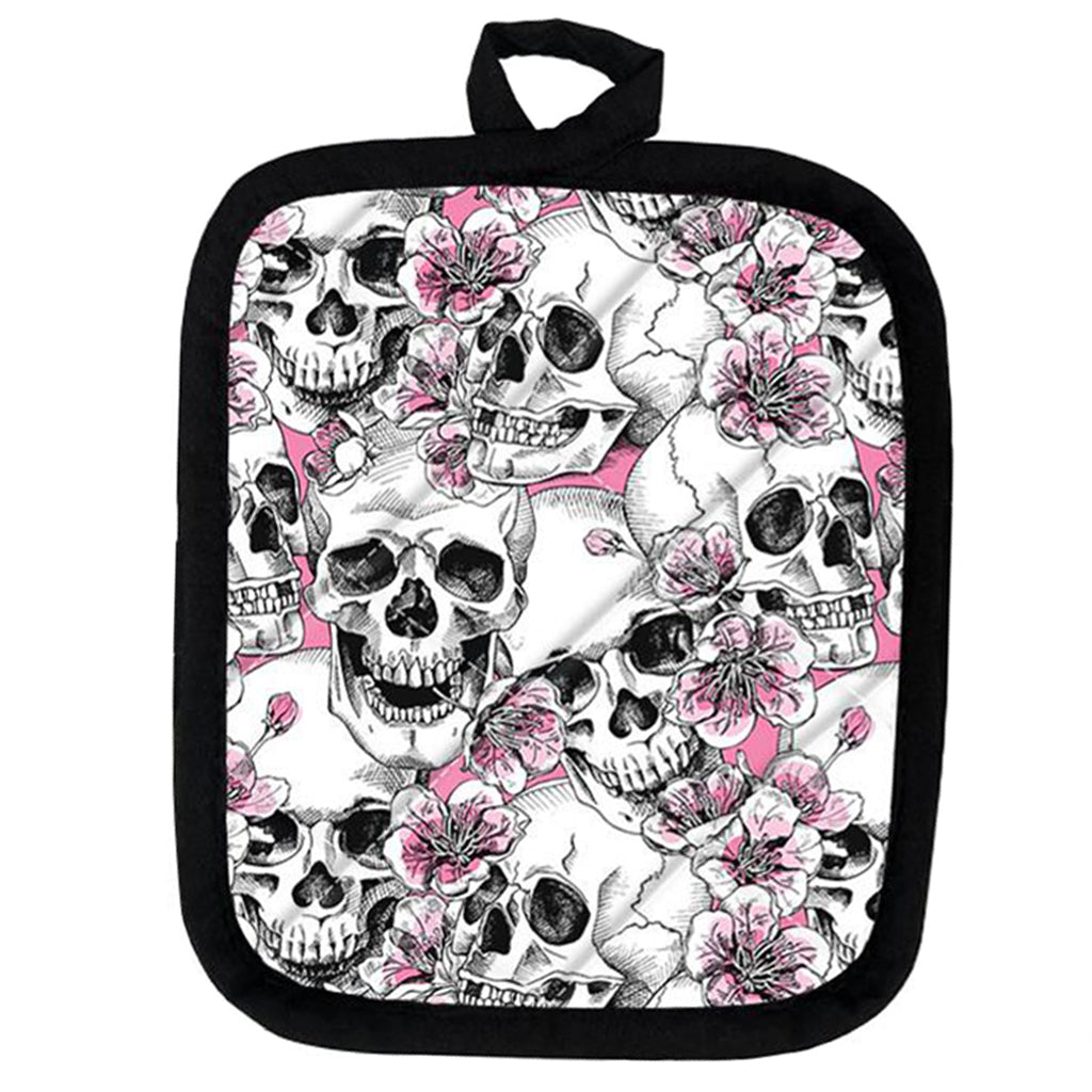 Grytlapp Med Dödskallar Och Blommor