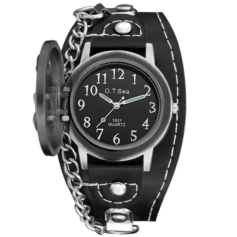 Dödskalle Klocka Svart Läderarmband