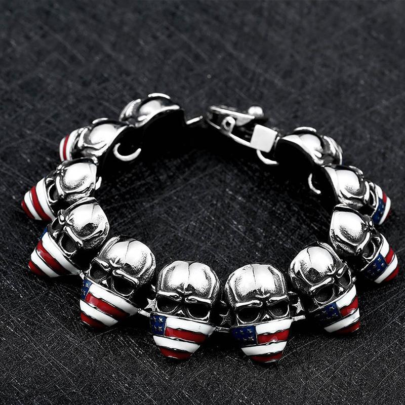 Dödskalle Armband Herr USA Flaggor (Stål)