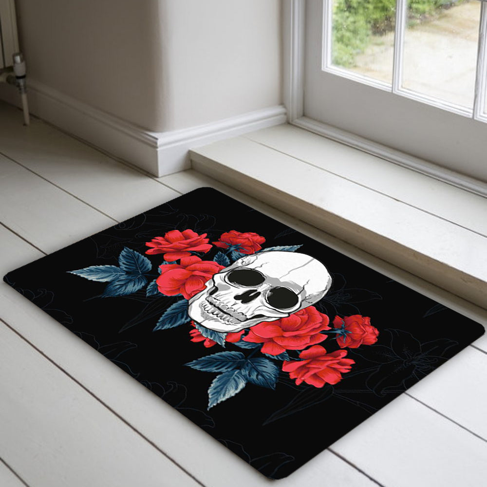Svart Dödskalle Dörrmatta Med Röda Rosor