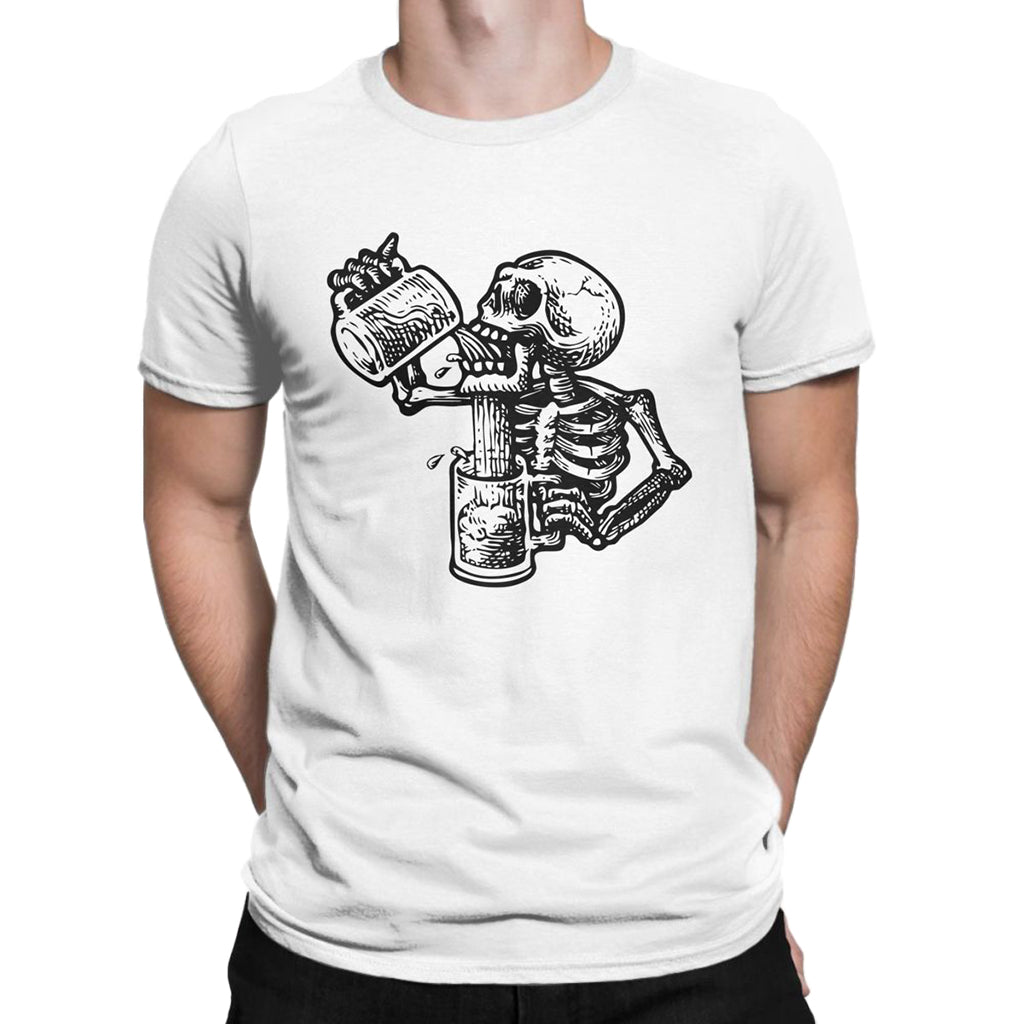 Vit T-Shirt Skelett Med Ölglas