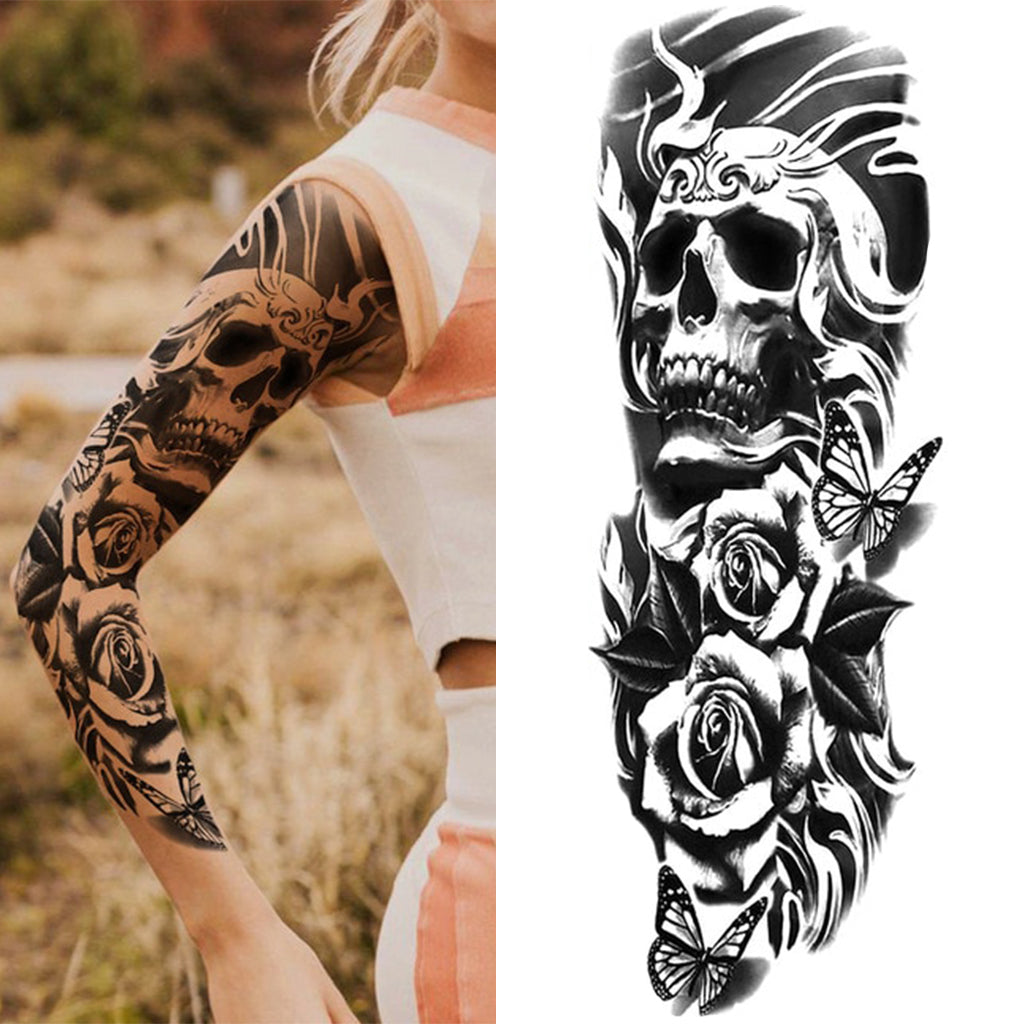 Temporär Sleeve Dödskalle Med Rosor