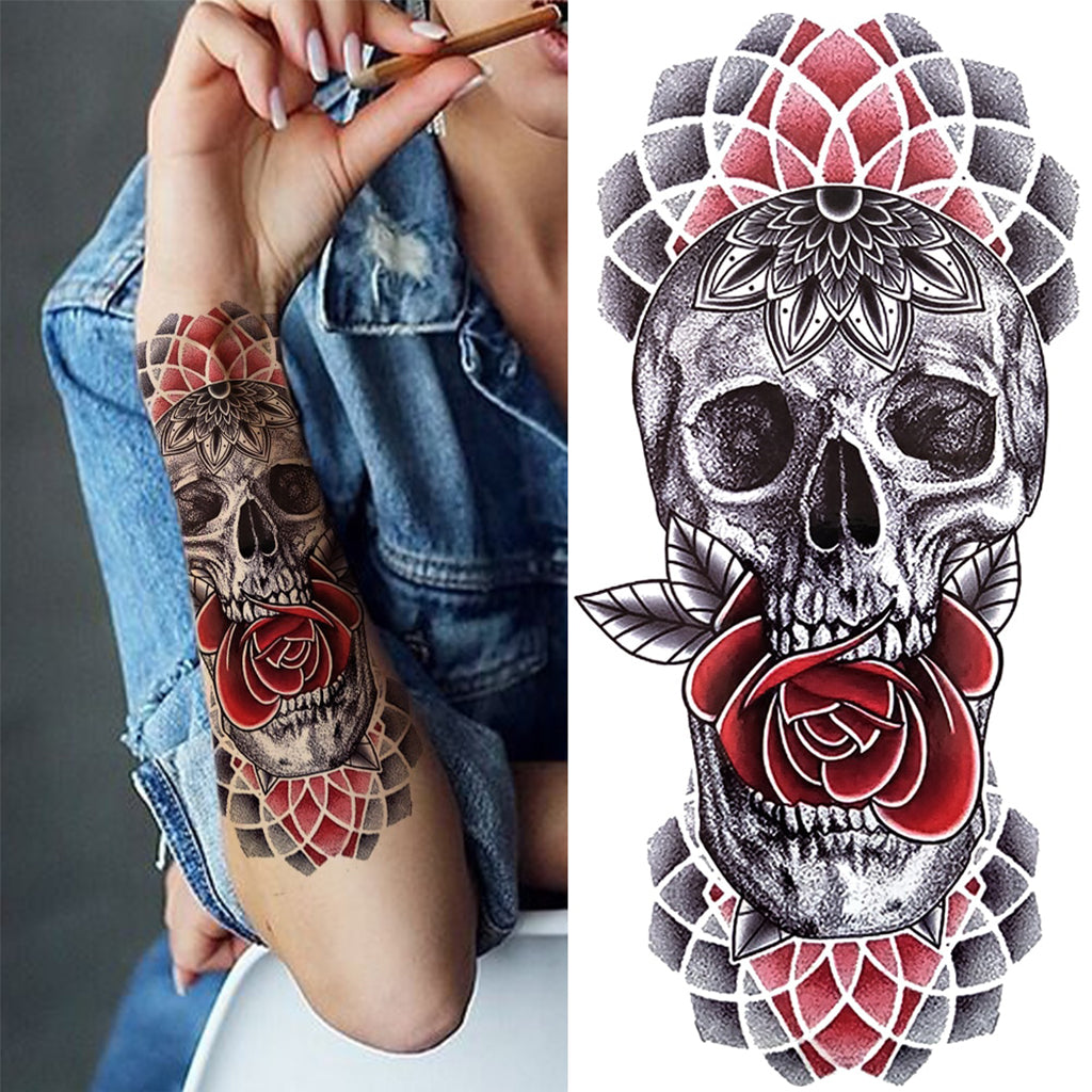 Tillfällig Tatuering Dödskalle Med Rosor