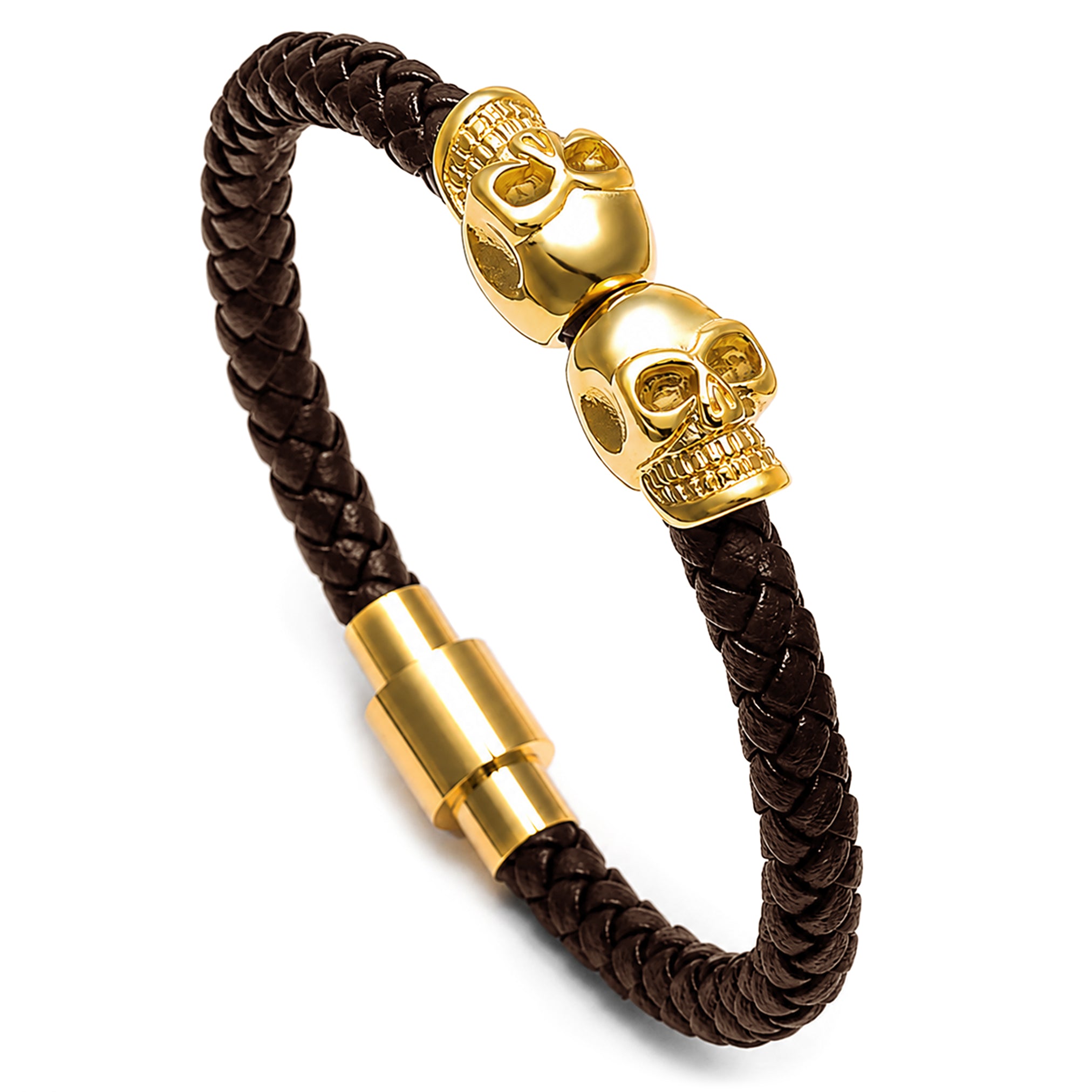 Armband av brunt läder med två dödskallar i guld (guldtonat rostfritt stål)
