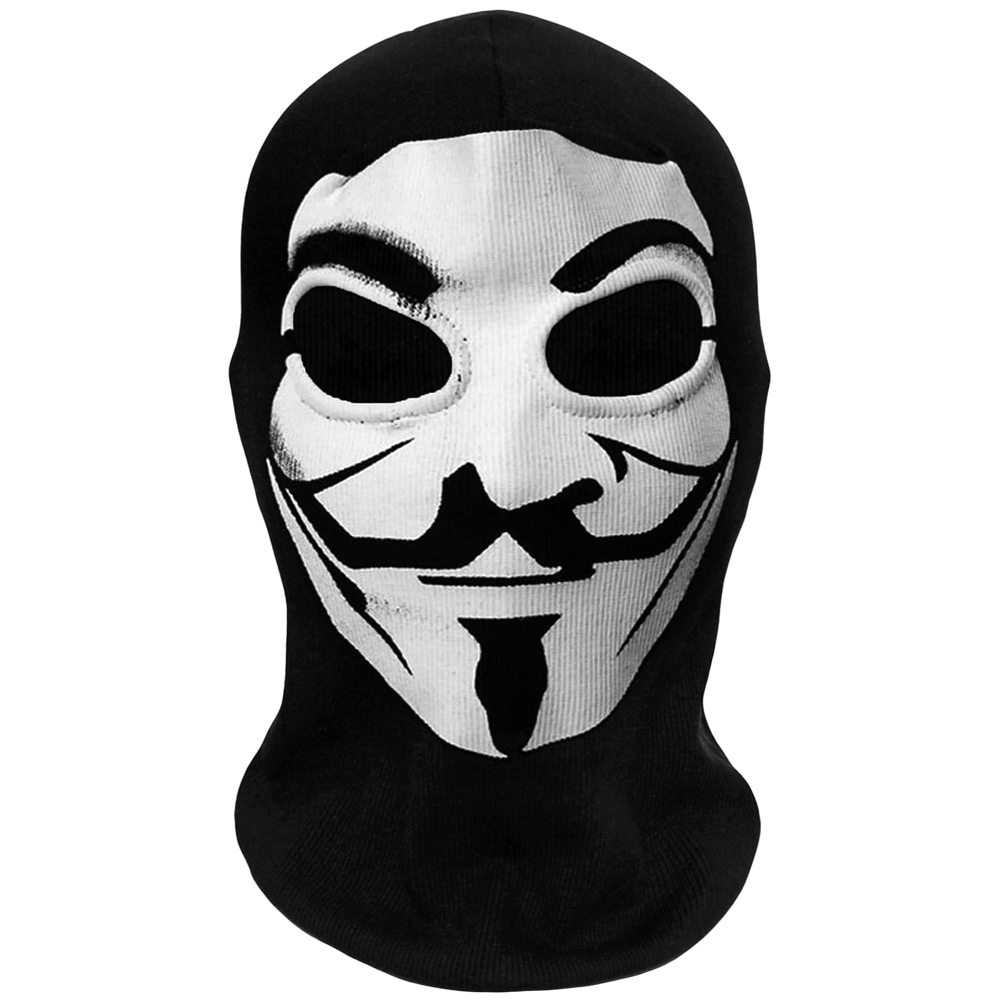 Svart balaclava med vit Guy Fawkes mask (V för Vendetta mask) som täcker ansiktet