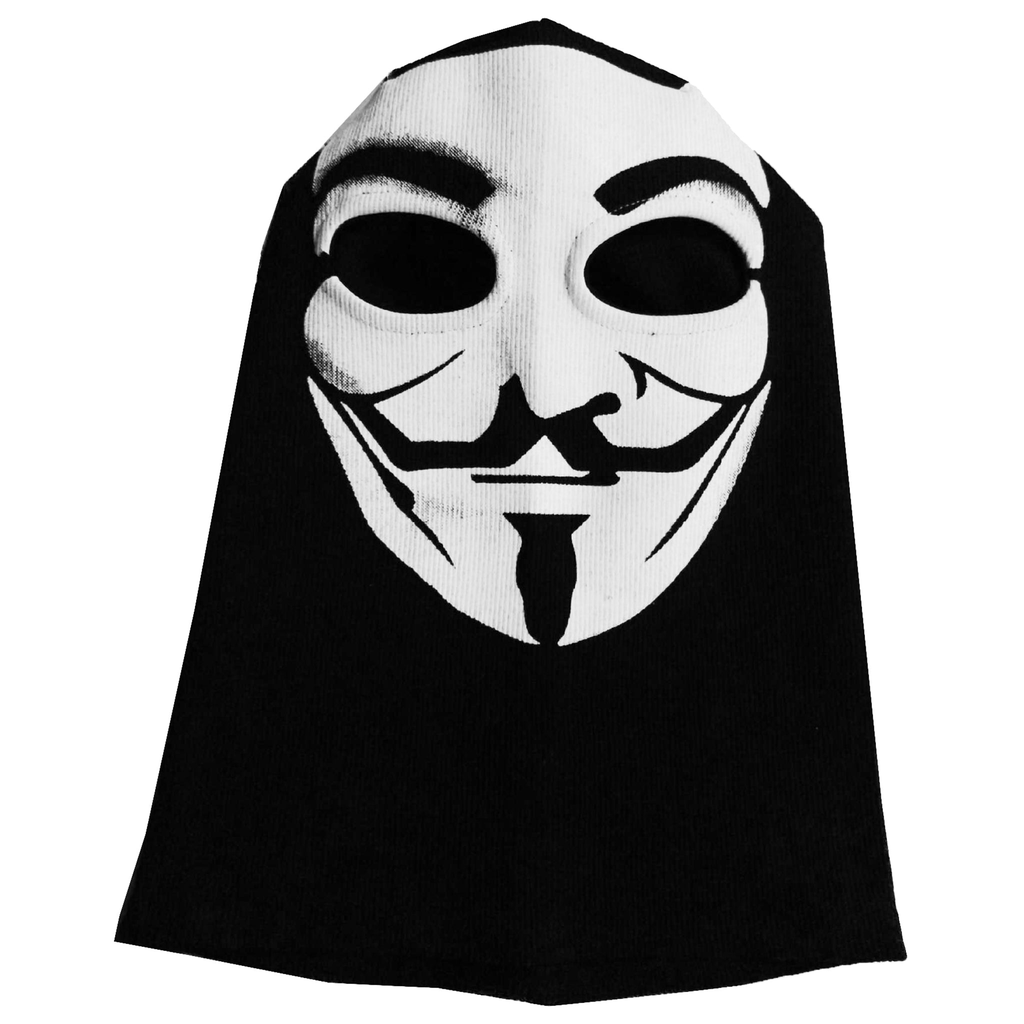 Svart balaklava (ansiktsmask) med vit V for Vendetta mask tryckt framtill