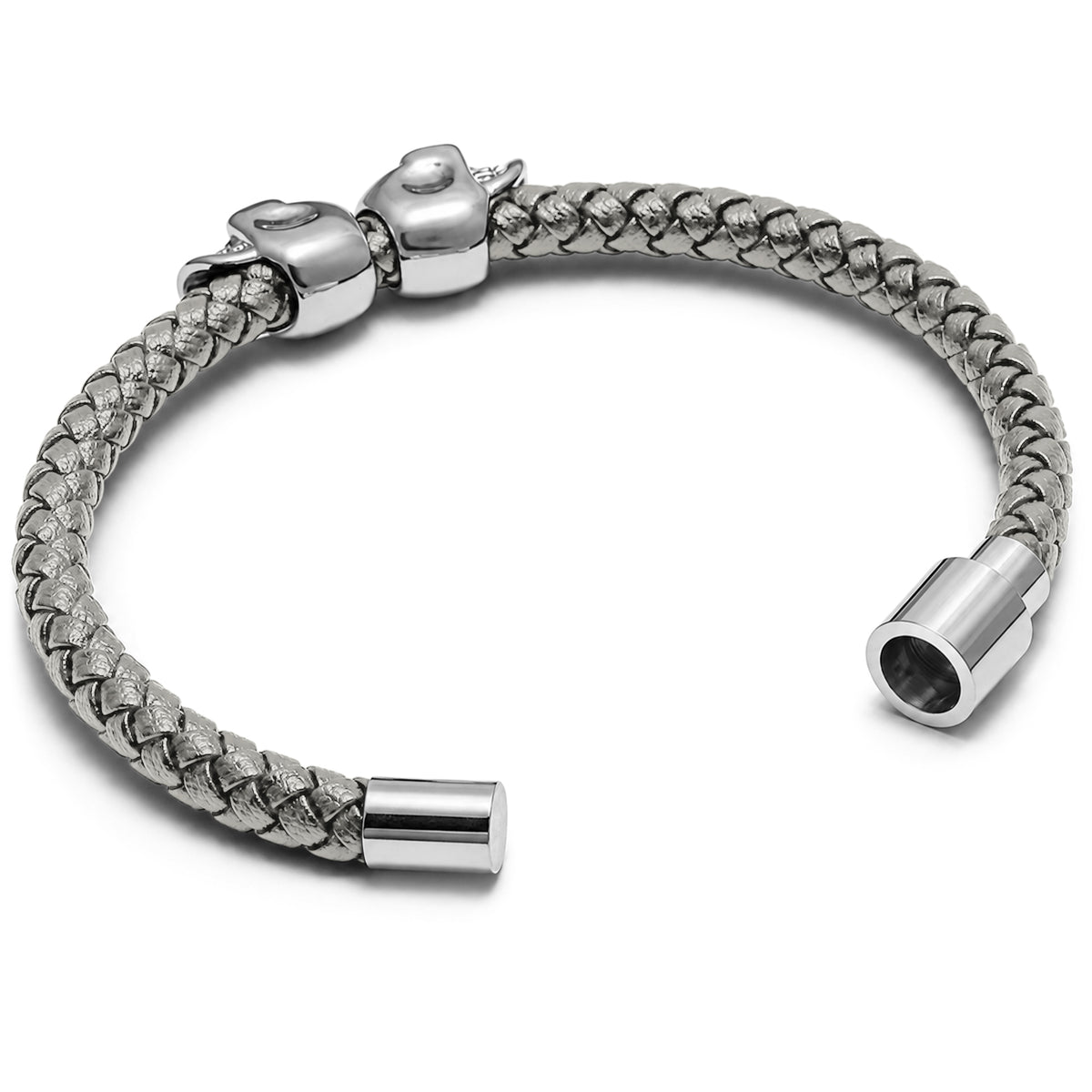 Flätat grått dödskalle-armband för herr, tillverkat i genuint läder och rostfritt stål