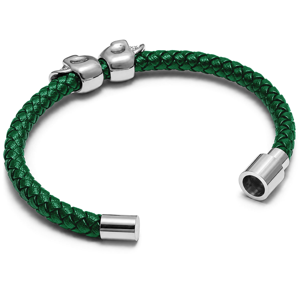 Flätat grönt dödskalle-armband för herr, tillverkat i genuint läder och rostfritt stål